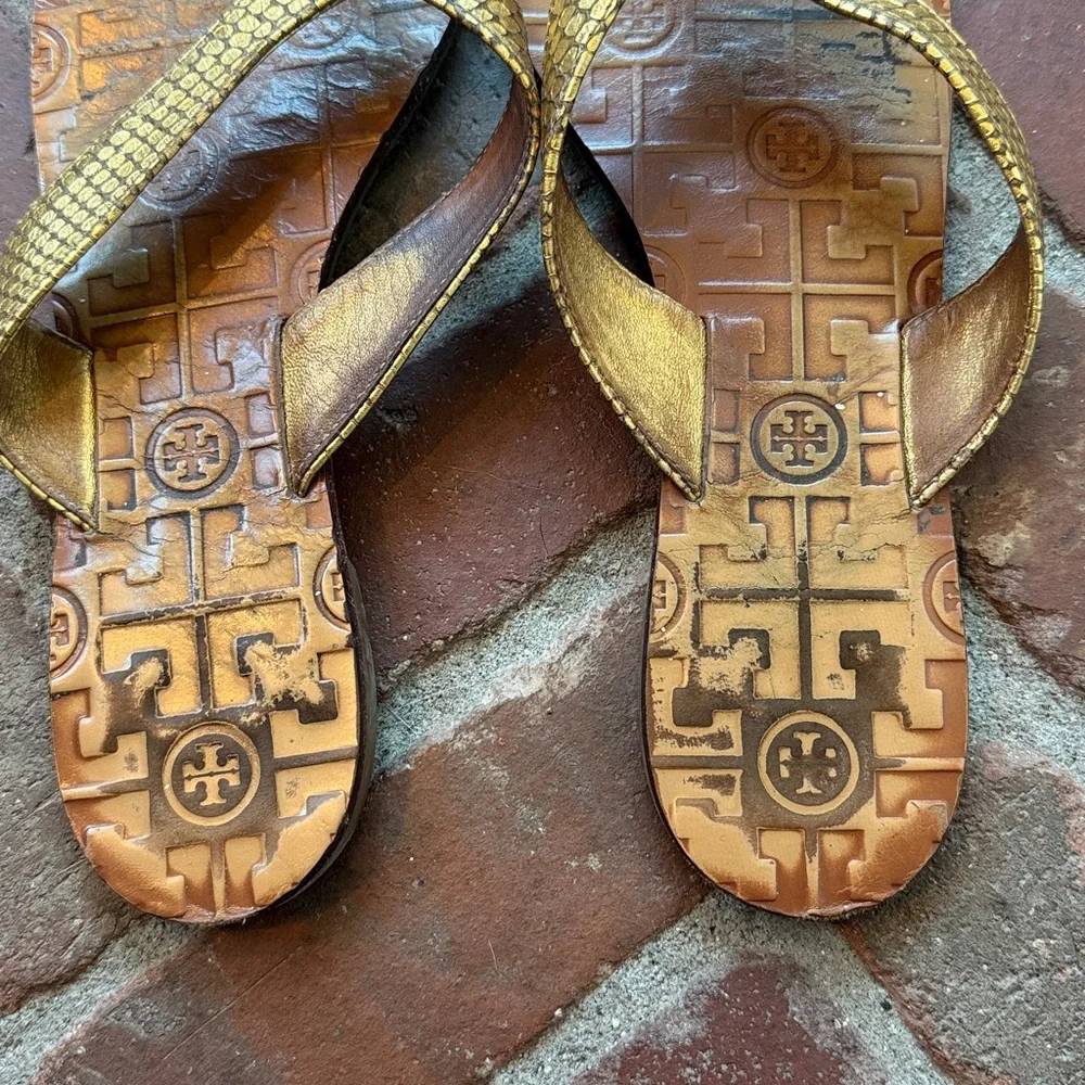 Tory Burch Thora Metallic Gold Snake print Leather Sandals